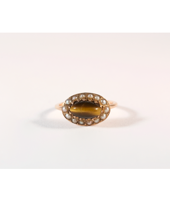 Bague Oeil de tigre or rose et perles - Recréation français