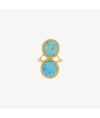 Bague Plateforme Turquoise Pavée Diamants en stock